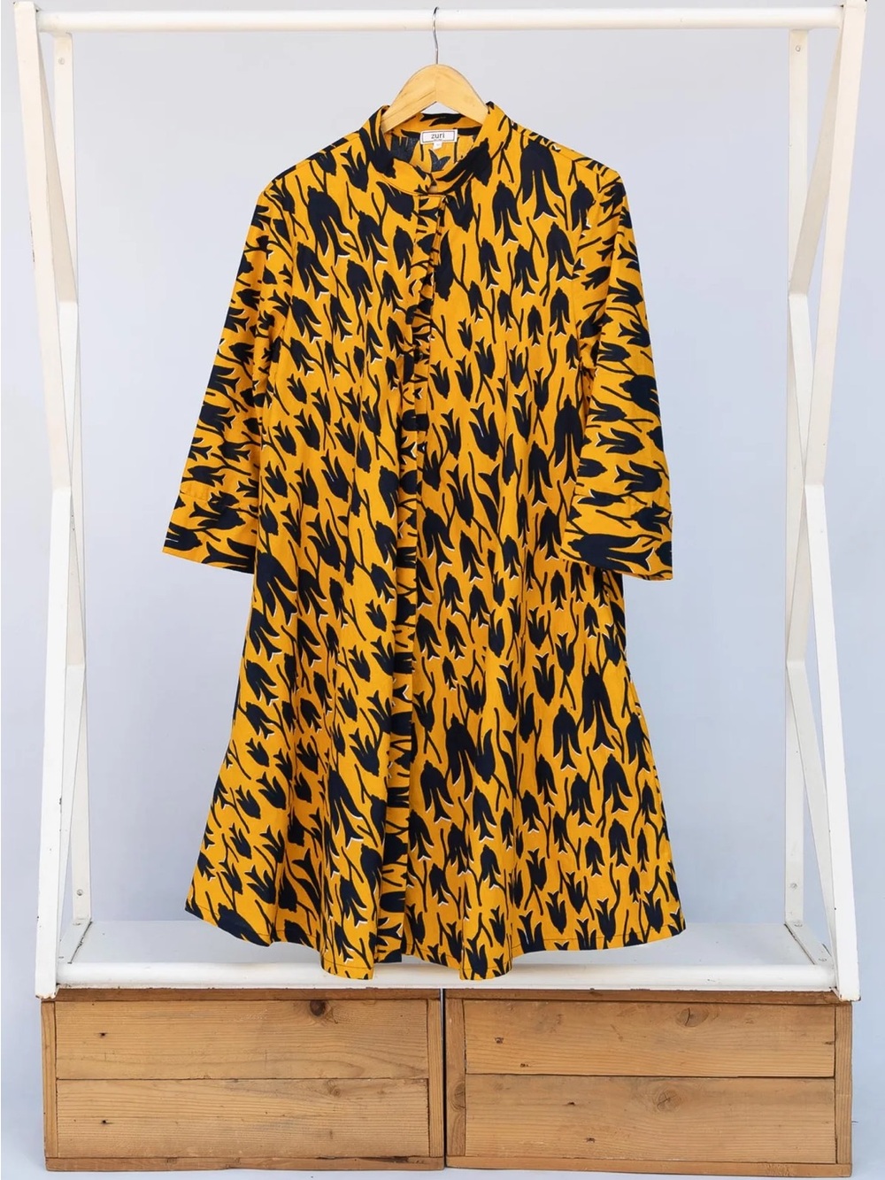 Zuri Kenya Mustard Yellow and Black Printed Midi Dress with Button Front
